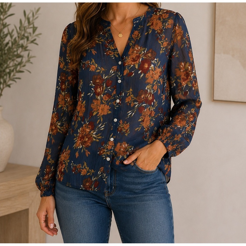 Frye Womens Small Floral Boho Blouse Blue Sheer Button Front Peasant Top